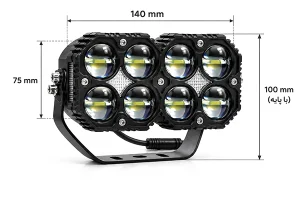 پروژکتور آفرودی کد 195، 8 لنز LED دو رنگ با دیلایت سفید، فلاشر نارنجی - نمای روبرو درج ابعاد